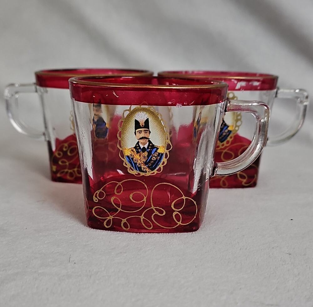 Vintage Persian Qajar Tea Mugs Set of 3 Naser al-Din Shah Glass Ruby Red Gold